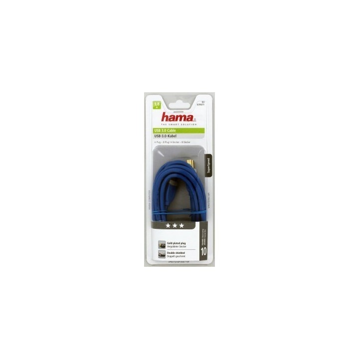 Hama USB 3.0 kabel typ A-B, 1,8 m, modrý