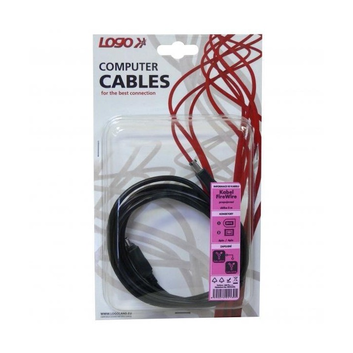 FireWire kabel IEEE 1394, IEEE 1394 (6pin) M- IEEE 1394 (4pin) M, 2m, černý, Logo, blistr