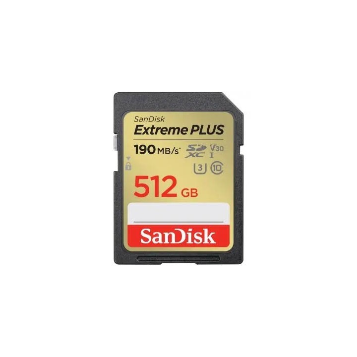 SanDisk Extreme PLUS 512 GB SDXC Memory Card 190 MB/s and 130 MB/s, UHS-I, Class 10, U3, V30