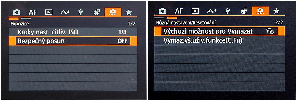 ORANŽOVÁ podnabídka různých nastavení má 2 volby