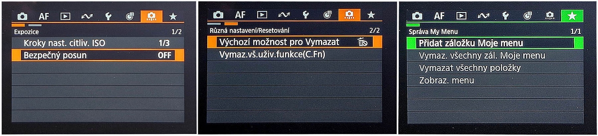 Zelená hvězdička vpravo je poslední položkou v MENU