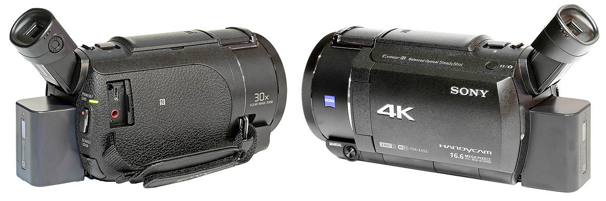 Videokamera Sony FDR-AX53 ve dvou pohledech těla Videokamera Sony FDR-AX53 ve dvou pohledech těla