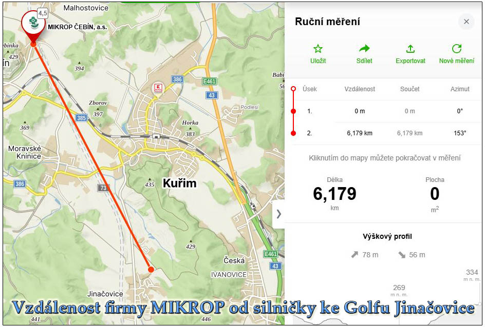 Názorná mapka vzdálenosti firmy MIKROP z místa focení 
