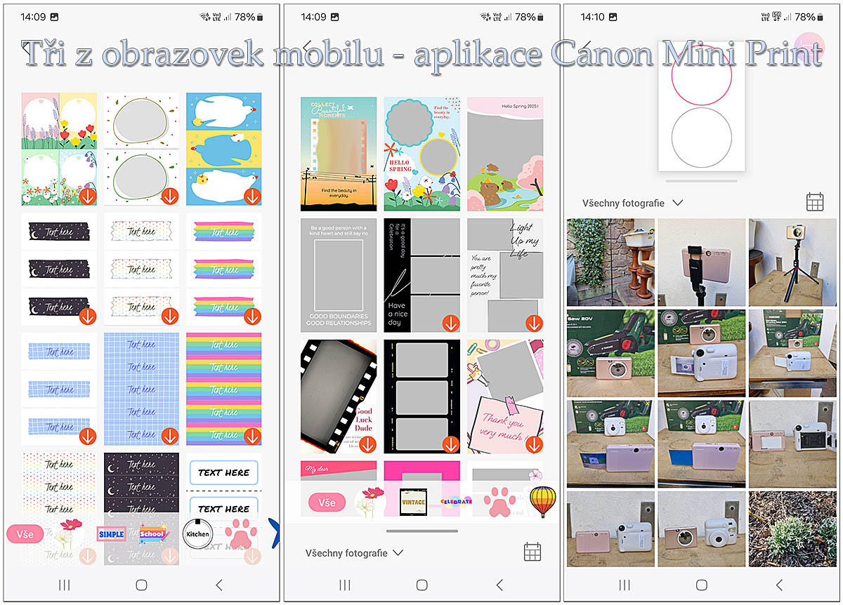Tři z obrazů aplikace Canon Mini Print: Efekty a Album