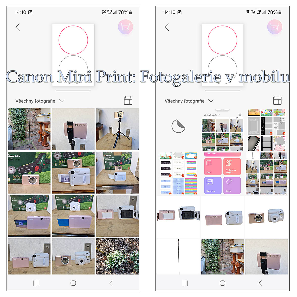 Dvě z obazovek aplikace Canon Mini Print v mobilu...