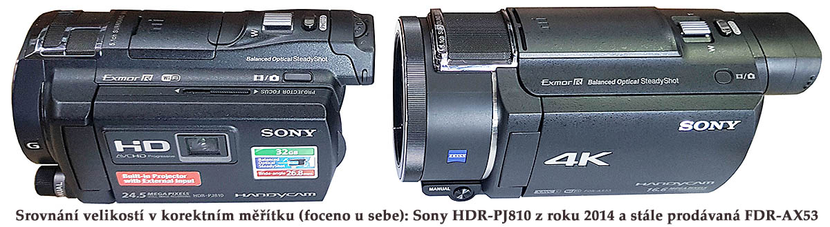 Sony HDR-PJ810 a FDR-AX53 - srovnání velikostí strojů Sony HDR-PJ810 a FDR-AX53 - srovnání velikostí strojů