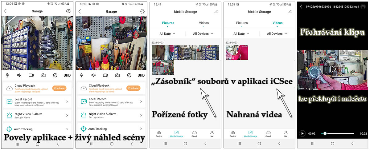 Názorný výběr z jednotlivých karet nabídky aplikace iCSee Názorný výběr z jednotlivých karet nabídky aplikace iCSee