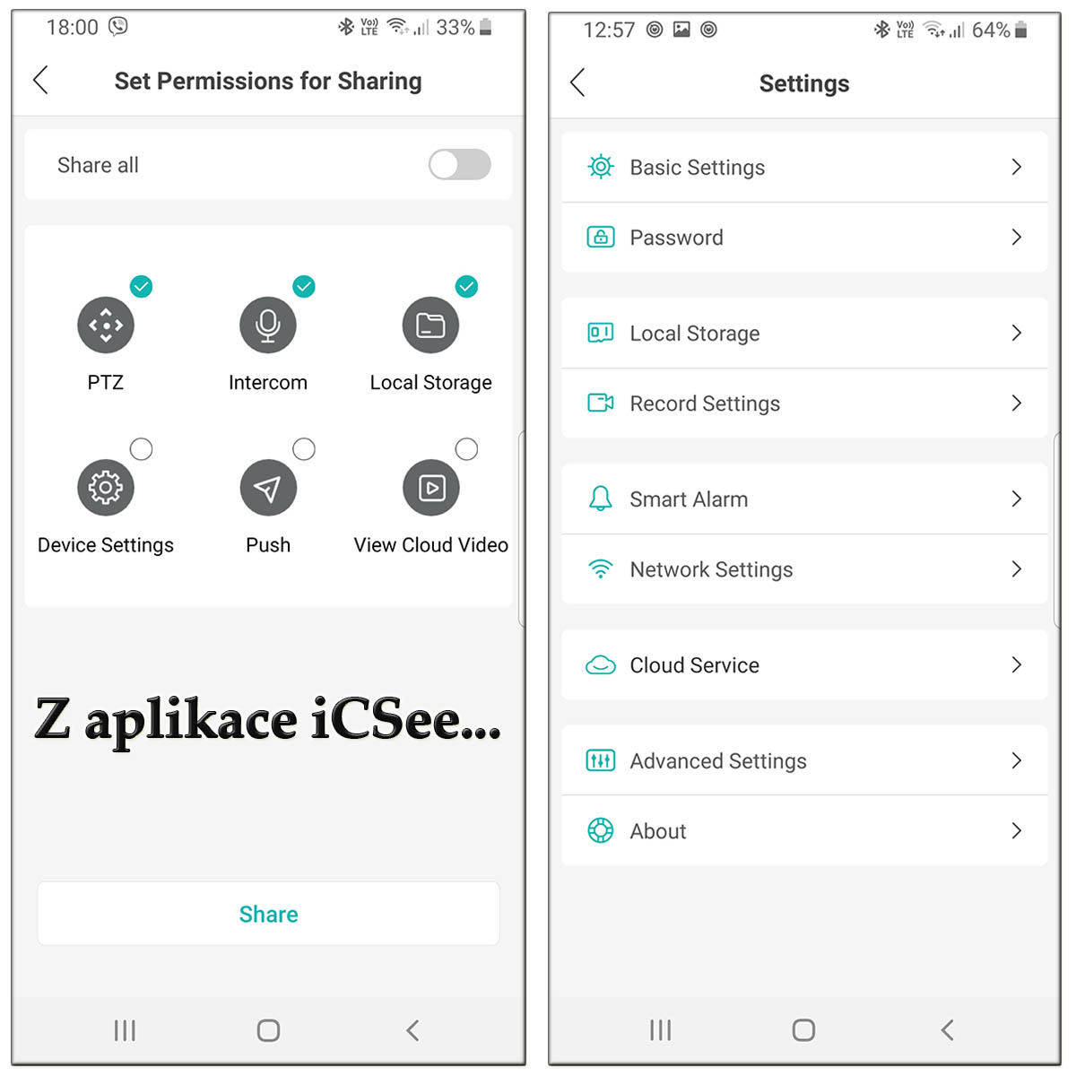 Dvě z obrazovek mobilní aplikace iCSee od INNOTRONIK