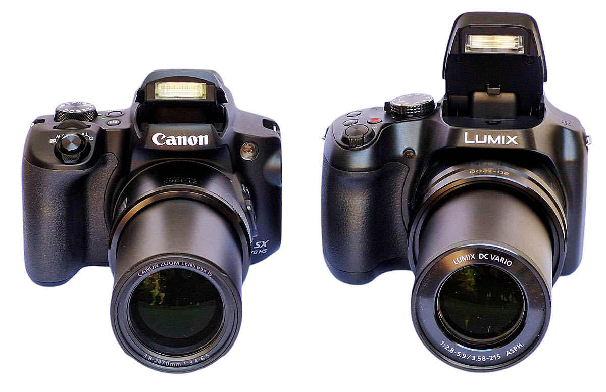 Srovnávané fotoaparáty Panasonic a Canon zepředu...