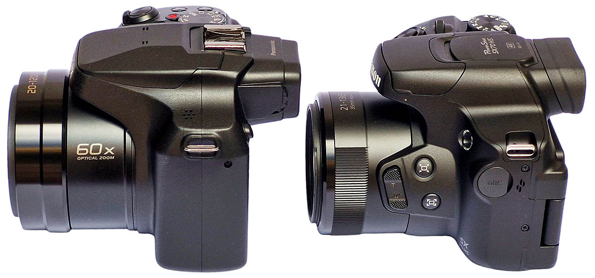 Srovnávané fotoaparáty Panasonic a Canon z levoboku