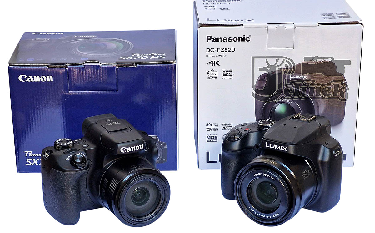 Srovnávané fotoaparáty Panasonic a Canon s krabicemi