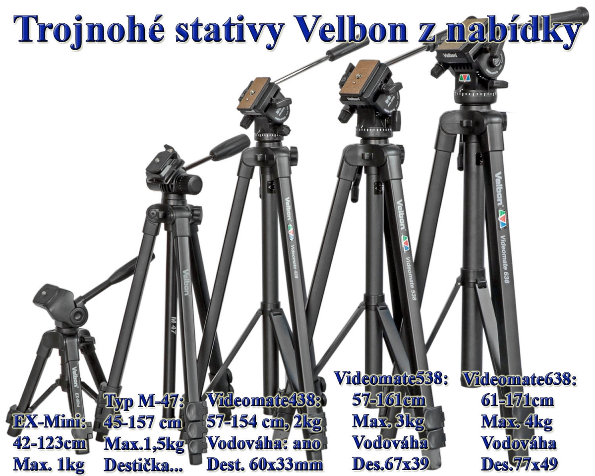 Základní nabídka 5ti VIDEO-stativů Velbon s popisky