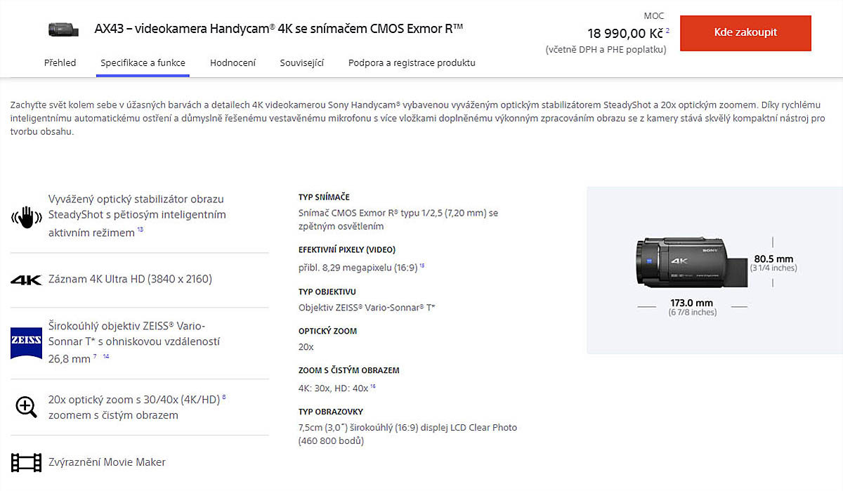 Specifikace Videokamery Sony FDR-AX43 z čs. Webu