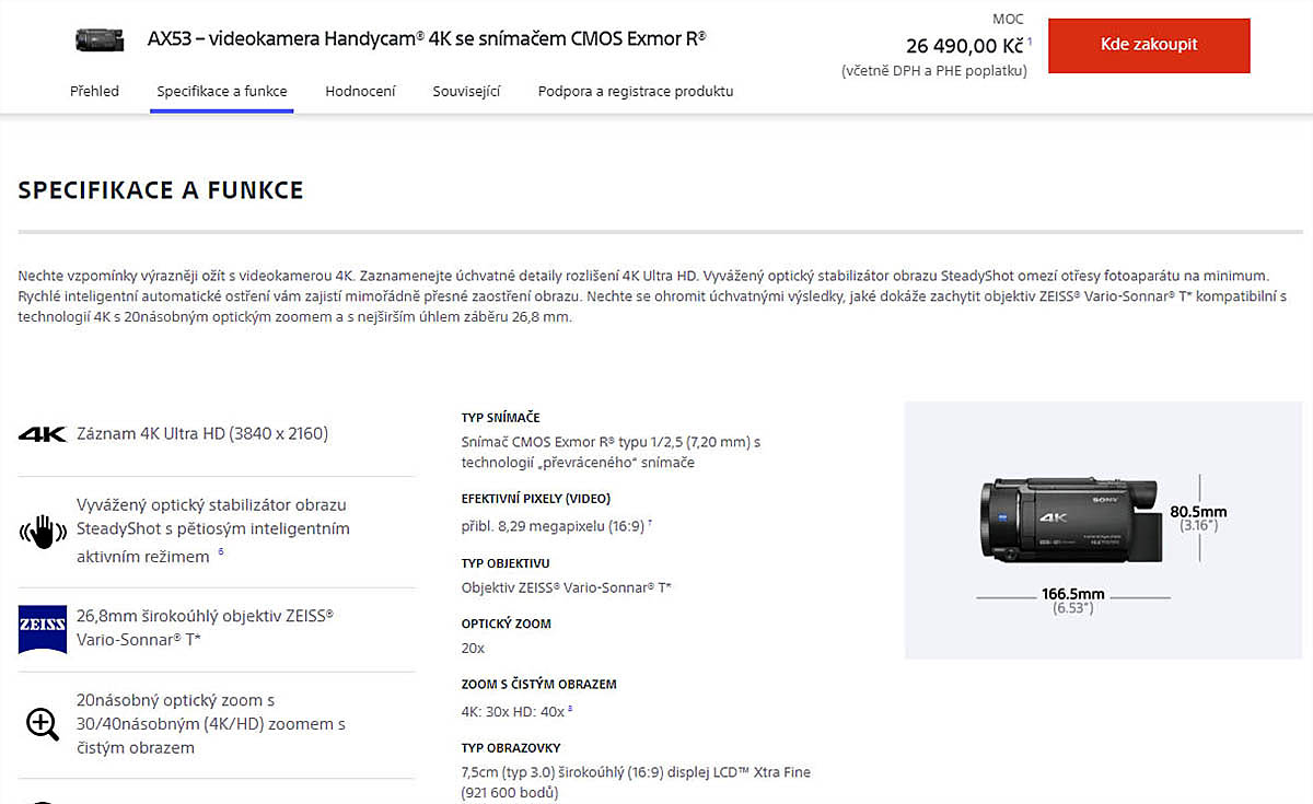 Specifikace Videokamery Sony FDR-AX53 z čs. Webu