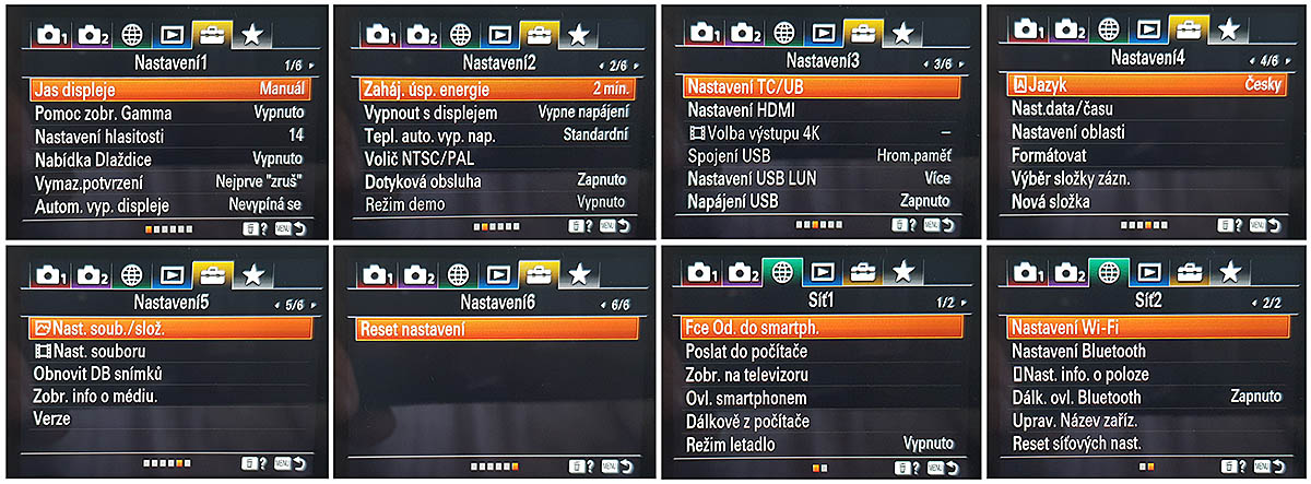 Sony ZV-1: nabídky Nastavení a Sítě čili bezdrátové komunikace