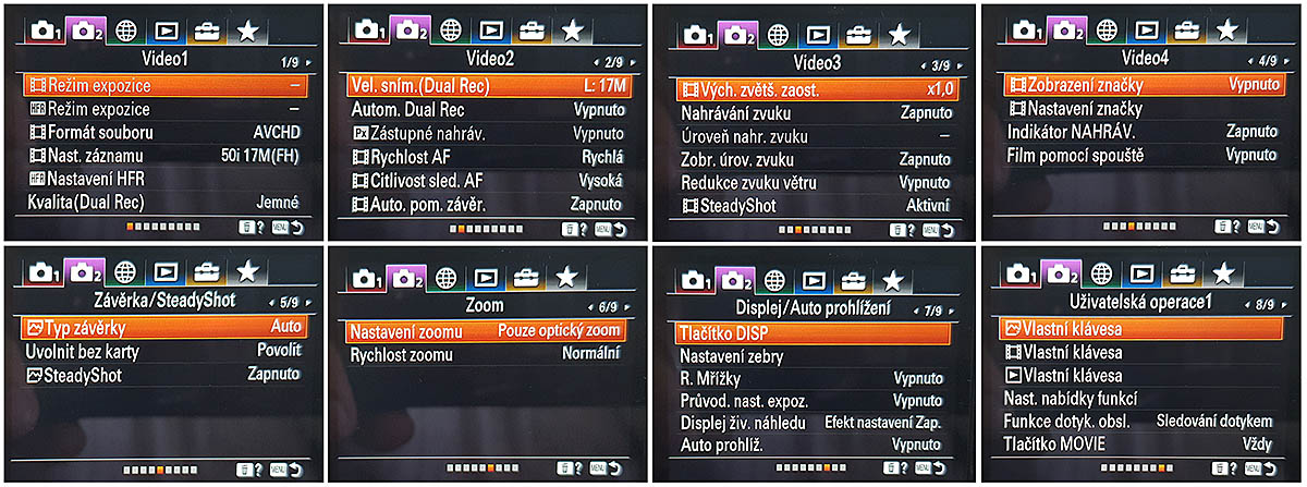 Vlogovací kamera Sony ZV-1: zbylé nabídky ovládání 